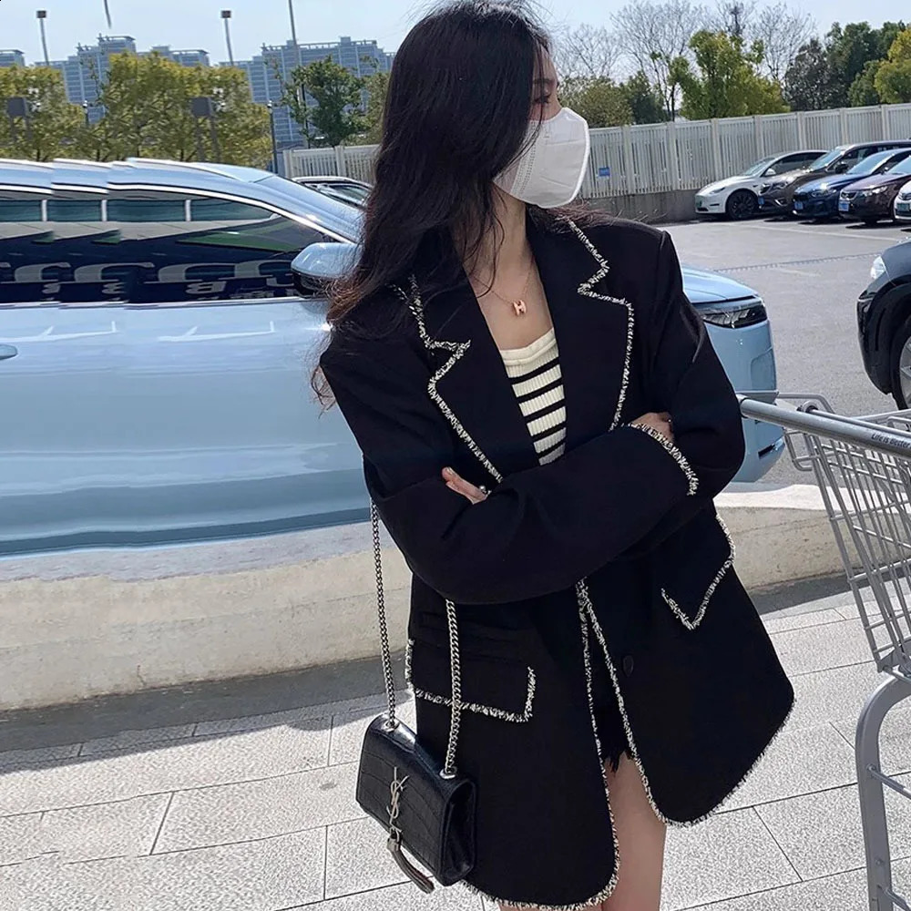 Women Black Tweed Splice Blazer Notched Long Sleeve Loose Fit Suit Jacket Fashion Spring Autumn Office Ladies Coat Tops 240812