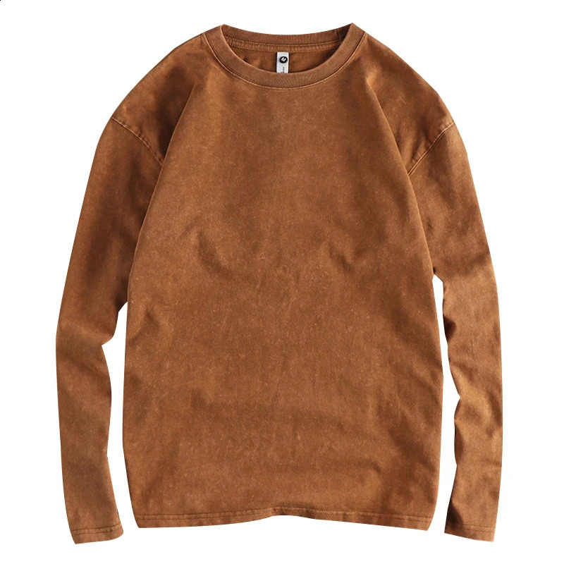 Autumn American Retro 270G Long-sleeved O-neck Heavyweight Solid Color T-shirt Mens Simple 100% Cotton Washed Casual Youth Tops 240812