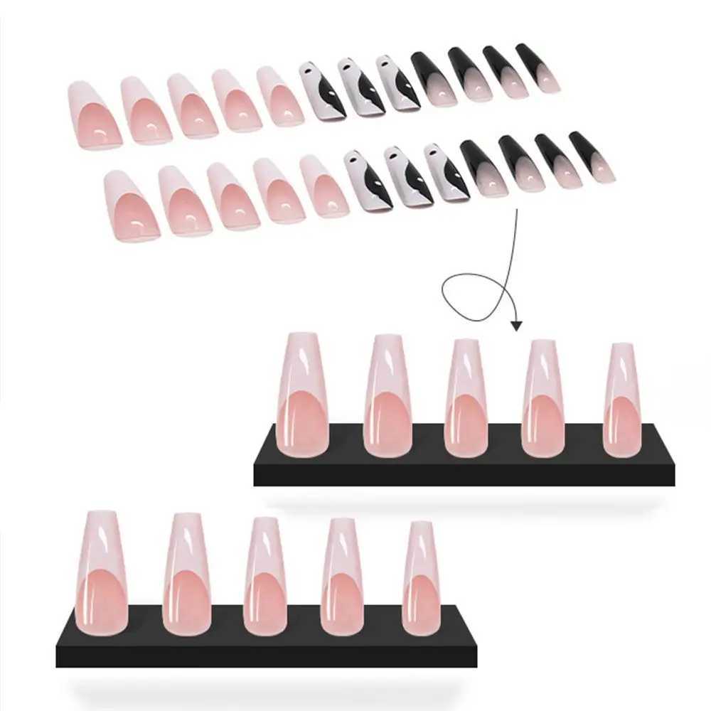 24 pieces of long coffin fake nails white black design wearable French ballet dancer fake nails press full set ergonomic nail tips W240810
