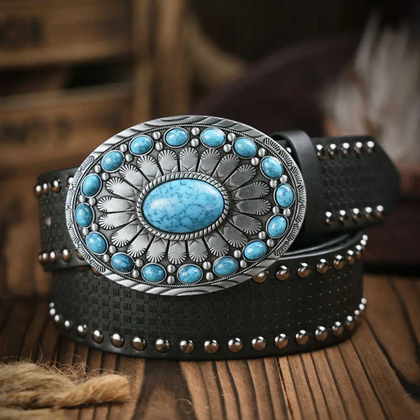 Belts Western style denim PU belt - mens belt with cow decoration floral jeans Y240810QYTH