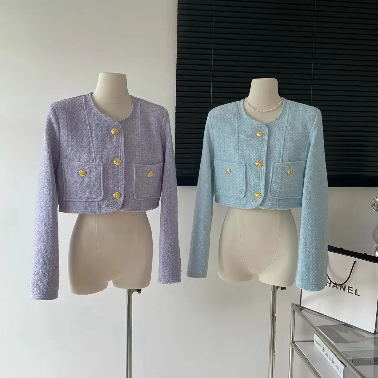 GkyocQ Korean Fashion Women Tweed Coat Candy Color Elegant O Neck Long Sleeve Buttons Short Basic Coats Jacket Outwear 240812