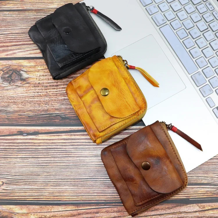 Coin purchase handmade coin purse creative pocket zipper buckle mens and womens genuine leather retro square 240810