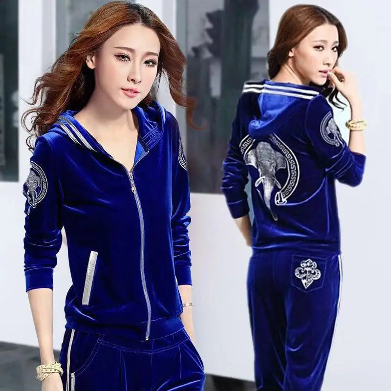 Velvet Tracksuit Women Two Piece Pants Set Sportswear Spring Fall Casual Zipper Hoodies JacketPants Jogging Suit Chandals 240812