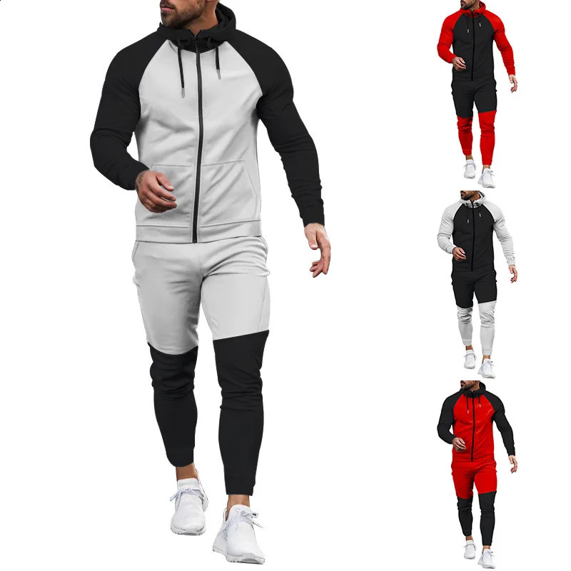 Autumn winter hoodie color matching sports suit Casual sports suit mens coat trousers fashion set 240812