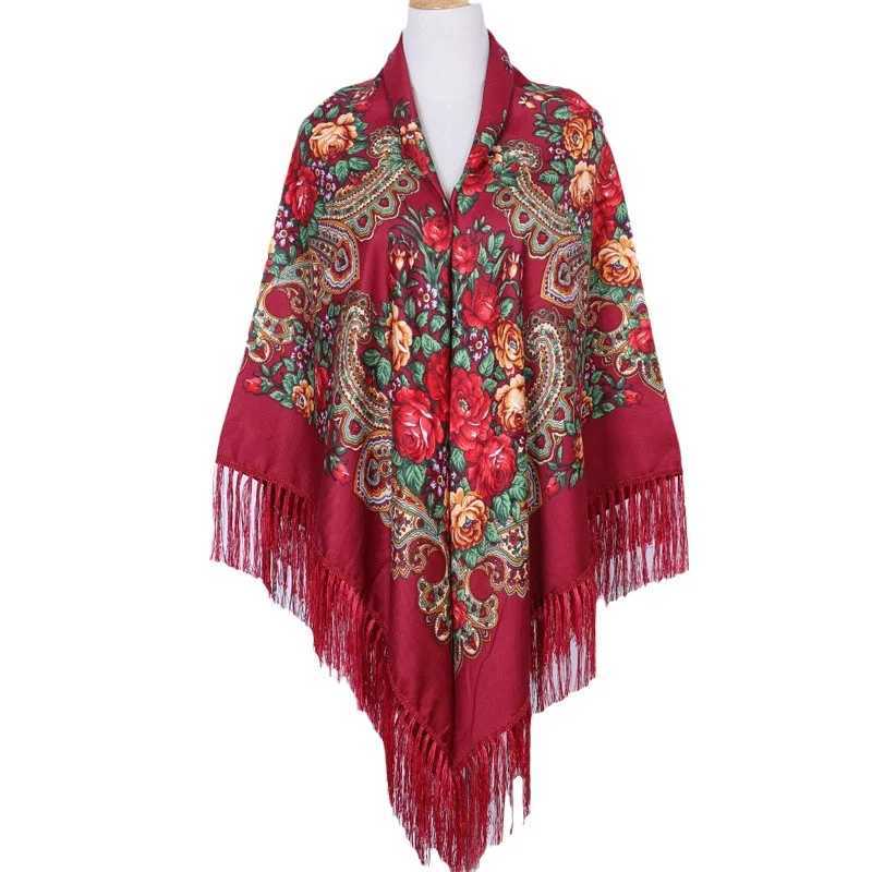 160 * 160cm Womens Russian Square Scarf Womens Shawl Tassel Flower Printed Headscarf Bag Babushka Bandana Beach Travel Carpet W240810