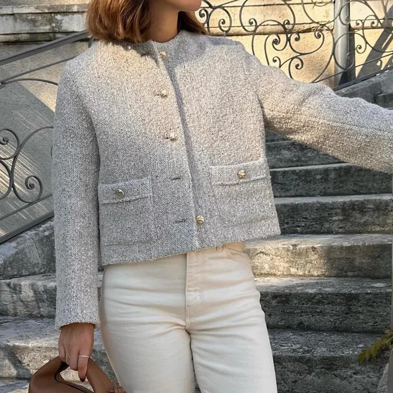 Elegant French Style Womens Jacket Cropped Single-breasted Round Neck For Autumn/winter Tweed Crossbody Fashion 240812