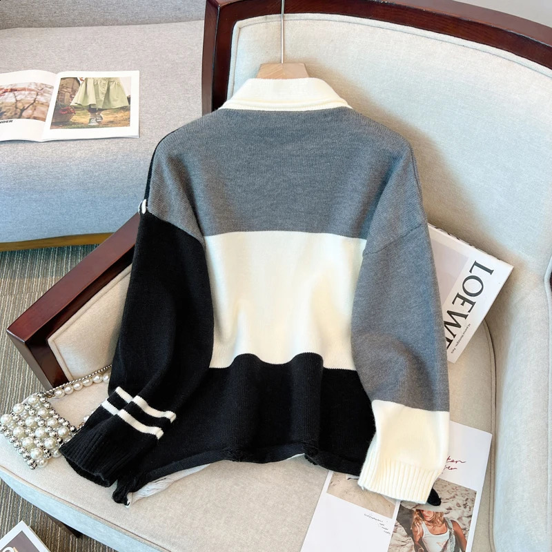 Womens Patchwork Cardigan Knitted Sweater Harajuku Y2k Long Sleeves Oversize V-Neck Sweater Jumper Vintage 2000s Clothes Autumn 240812