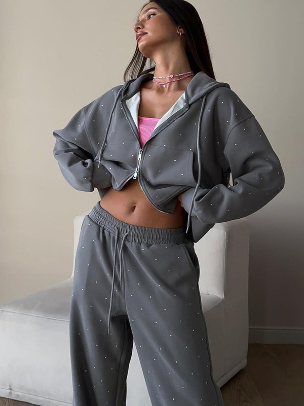 Womens Tracksuits Zip Up Hoodies + Pants Fashion Streetwear Rhinestone Hoodie Set AAA Discount for in-store purchases