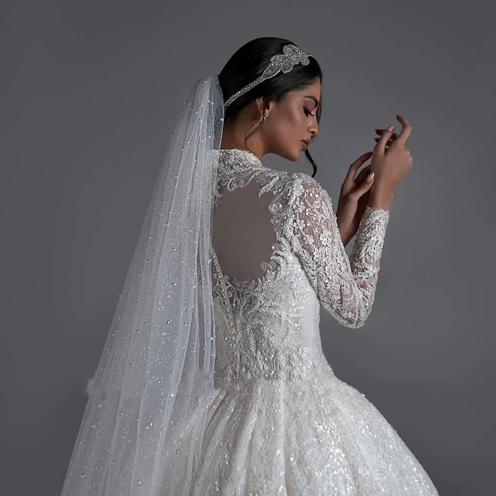 A-e Women Wedding High Neck Long Sleeves Bridal Gowns Lace Appliques Detachable Train Dress Custom Made vestidos de novia