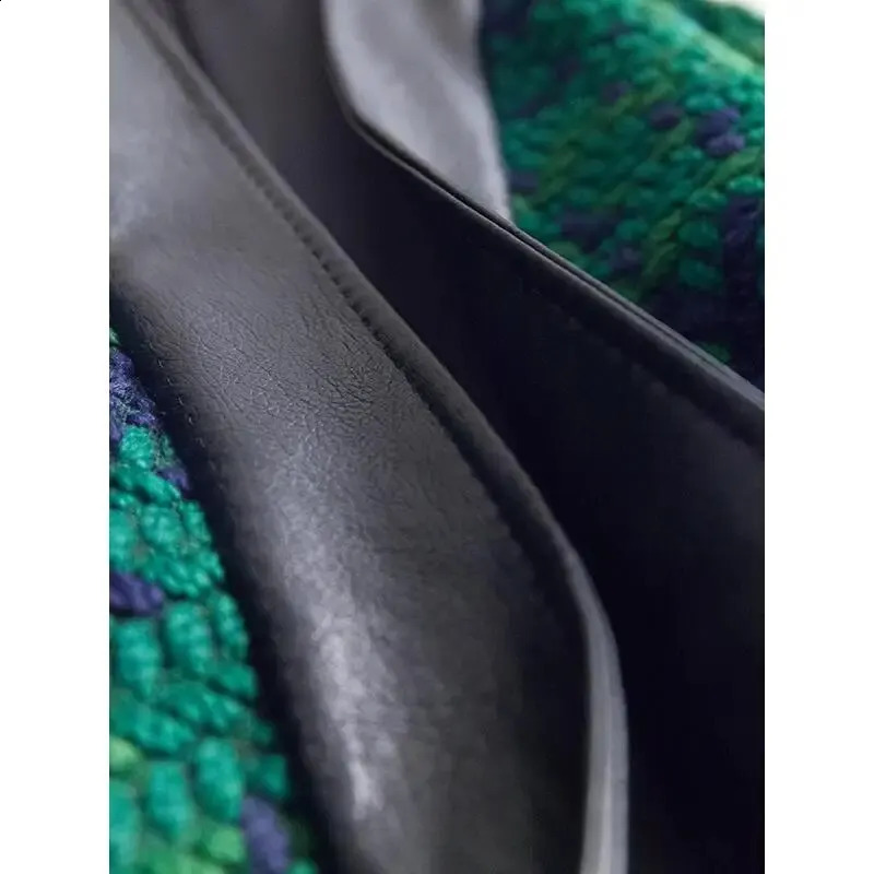 Casual Loose Green Tweed Blazer French Women Autumn Coats Sashes Long Sleeve Slim Pu Leather V- Neck Mid-length Vest Jackets 240812
