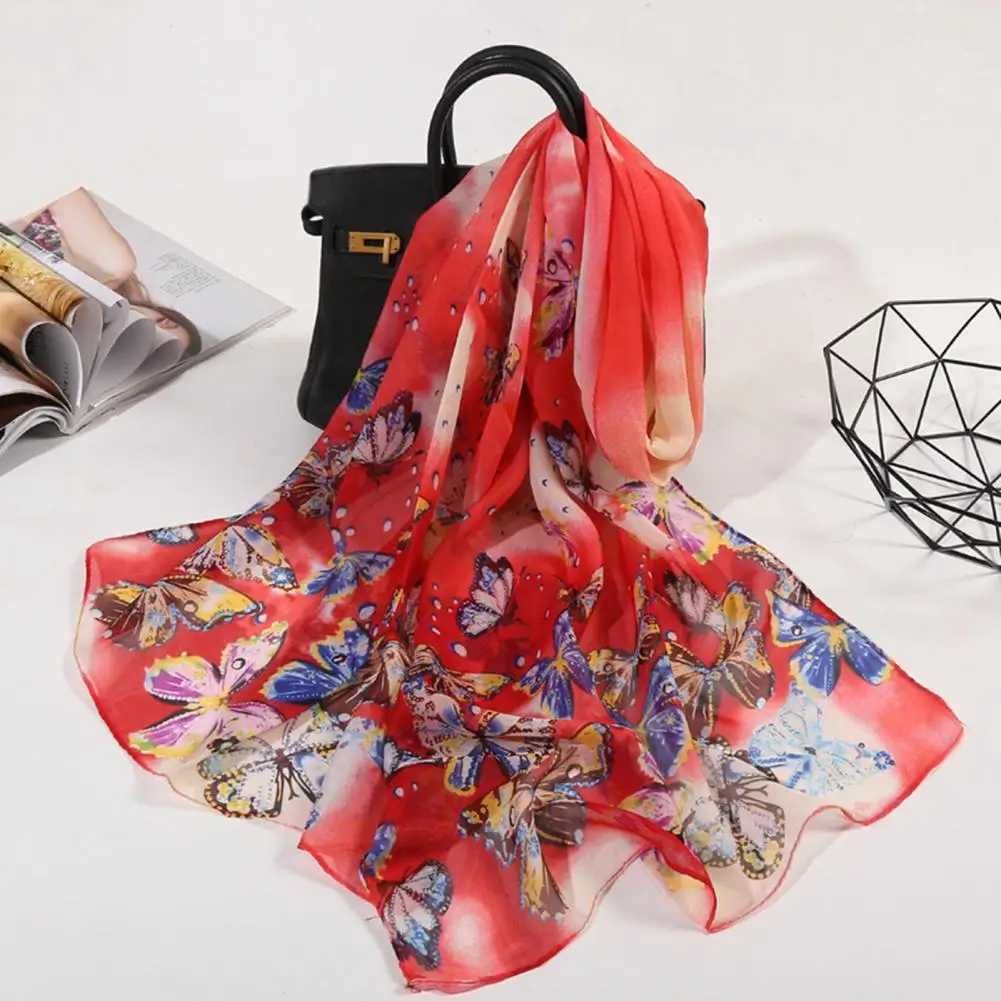 Fashionable synthetic silk scarf colorful chiffon shawl breathable summer butterfly printed long shawl packaged dress W240810