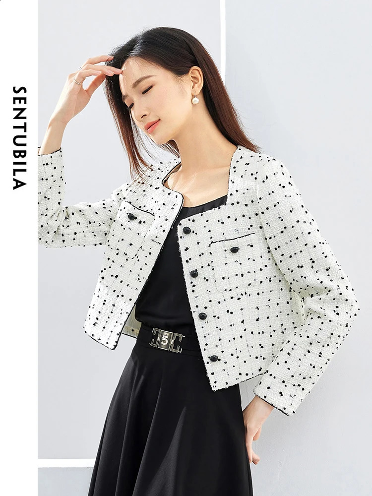 SENTUBILA Black Dot Cropped Tweed Jacket Women Spring Autumn Outerwear Elegant Long Sleeve Square Collar Coat 141W52942 240812