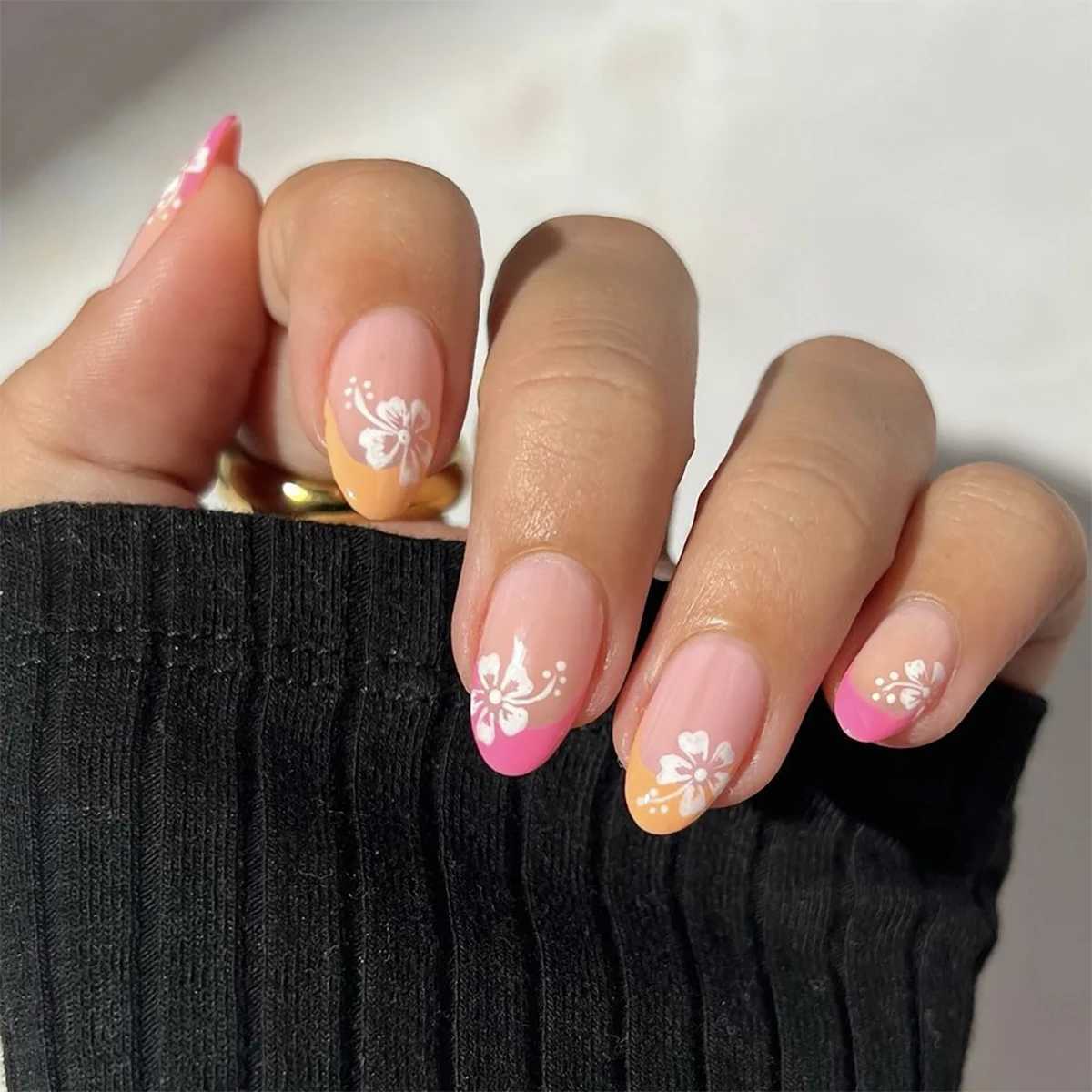 24 pieces of long almond two tone French floral pattern ABS fully covered fake nails 1 piece of jelly glue and 1 piece of document W240810