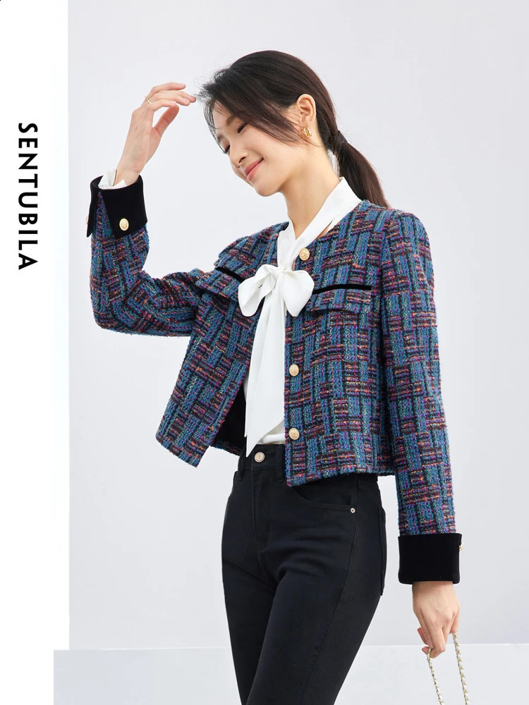 SENTUBILA Vintage Contrast Cropped Tweed Jacket Women Spring Fashion Ladies Contrast Round Neck Short Coat Woman 141W53206 240812