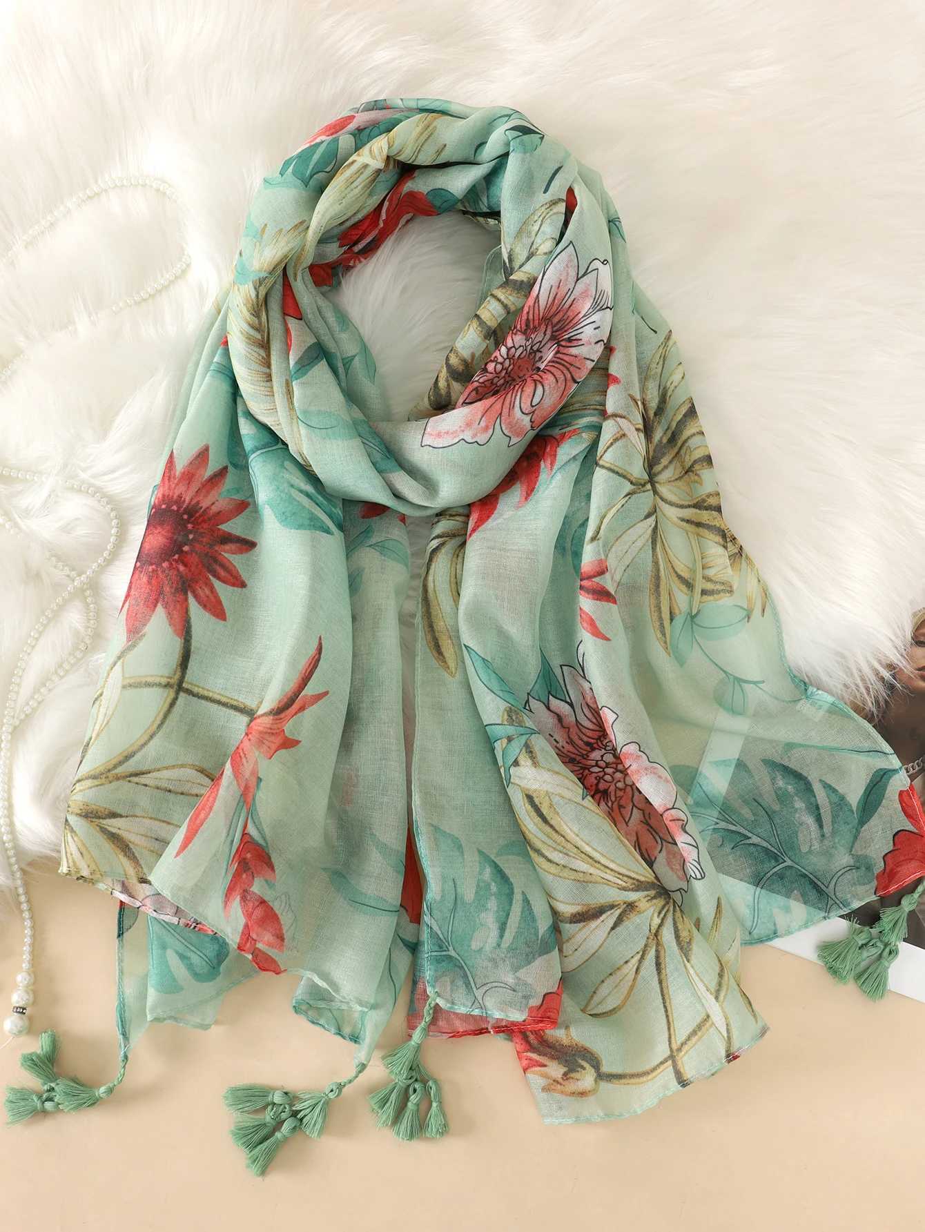 2023 Spanish Fashion Daisy Flower Tassel Adhesive Shawl Womens Printed Soft Pashmina Stor Bausnode Bouvandas Muslim Headscarf Sjaal W240810