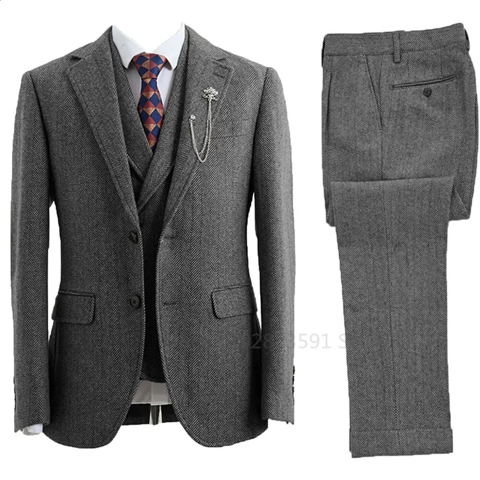 Men 3 Piece Suit Tweed Herringbone Double-Breasted Wedding Tuxedos Size Men Clothing Casual Style Mens Fashion Costume Homme 240812