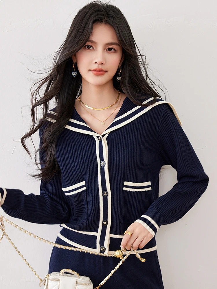 Autumn Winter Women Navy Blue Knitted Cardigans Fashion Loose Sweet Single Breasted Sailor Collar Pullover Sweater 240812