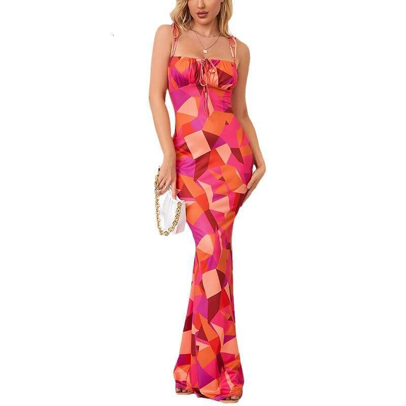 2024 Tiktok Hot Selling Long Skirt Sleeveless Lace Up Open Back Slim Fit Wrap Hip Casual Sexy Dress Long Summer Dress Bifurcated Short Round Neck Dres