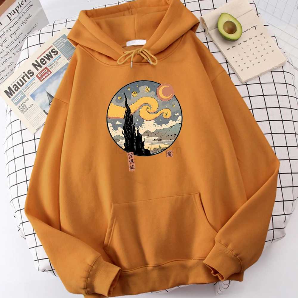 Starry Ukiyo-E Night Printing Hoodie Men Fashion Comfortable Hoody Autumn Fleece Sweatshirt Casual Warm Pullover TopsXJ240812
