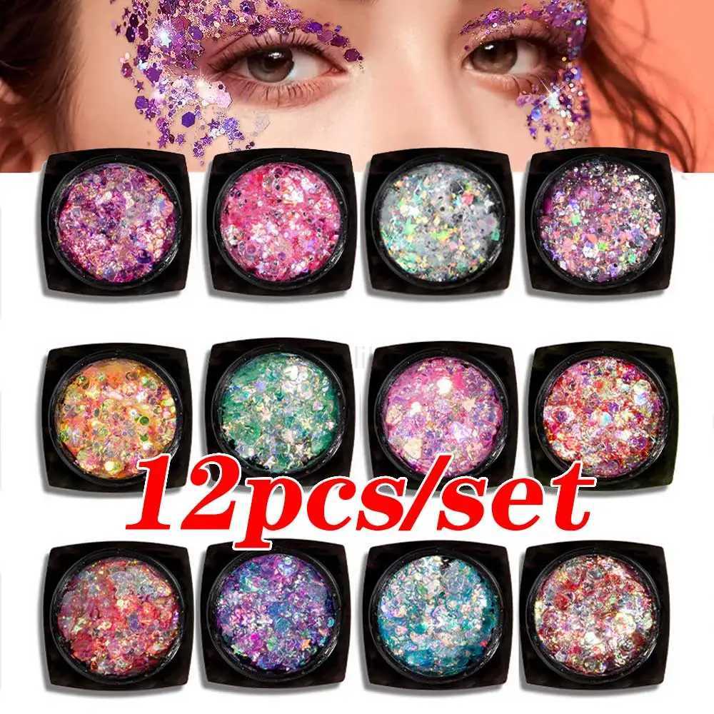 12 pieces/set Body/face/eye makeup glitter gel eye shadow cream star/moon/hexagonal nail sequins gel Halloween party makeup 6 pieces W240812