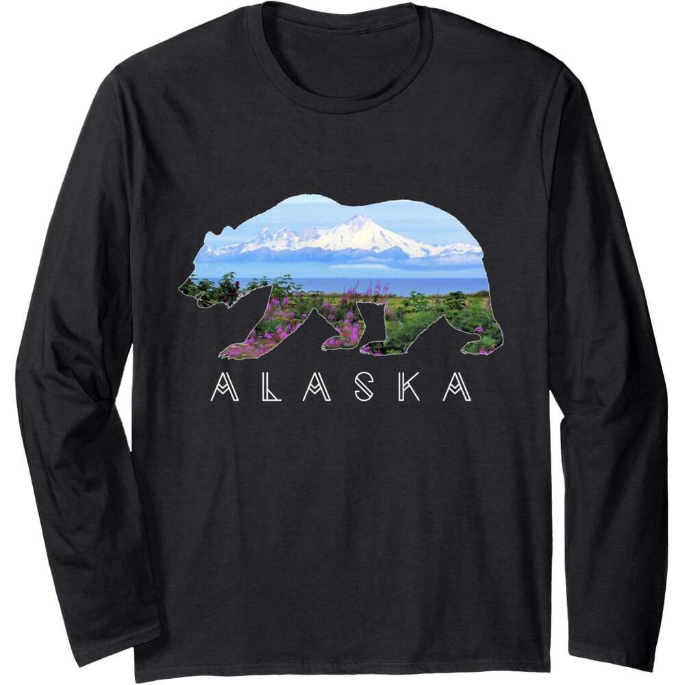 Long Sleeve Shirts For Men Sweatshirt Alaskan Bear With Wildflowers Concise Mountain Snow LONG SLEEVE Graphic Tee Streetwear Casual Tops Clothes sweat