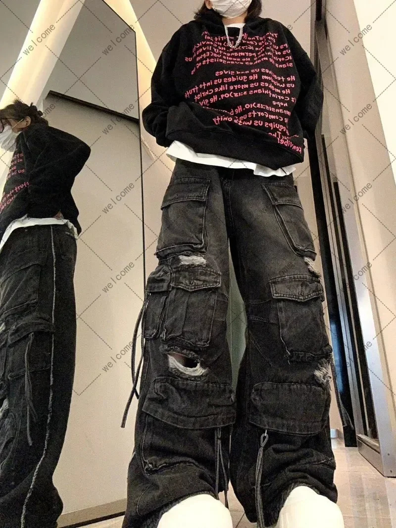 Harajuku ripped multi pocket Y2K high waisted jeans clothing 2000s hiphop street slim straight wide leg cargo bag pants 240807
