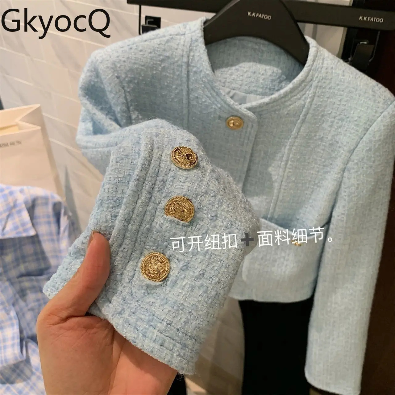 GkyocQ Korean Fashion Women Tweed Coat Candy Color Elegant O Neck Long Sleeve Buttons Short Basic Coats Jacket Outwear 240812