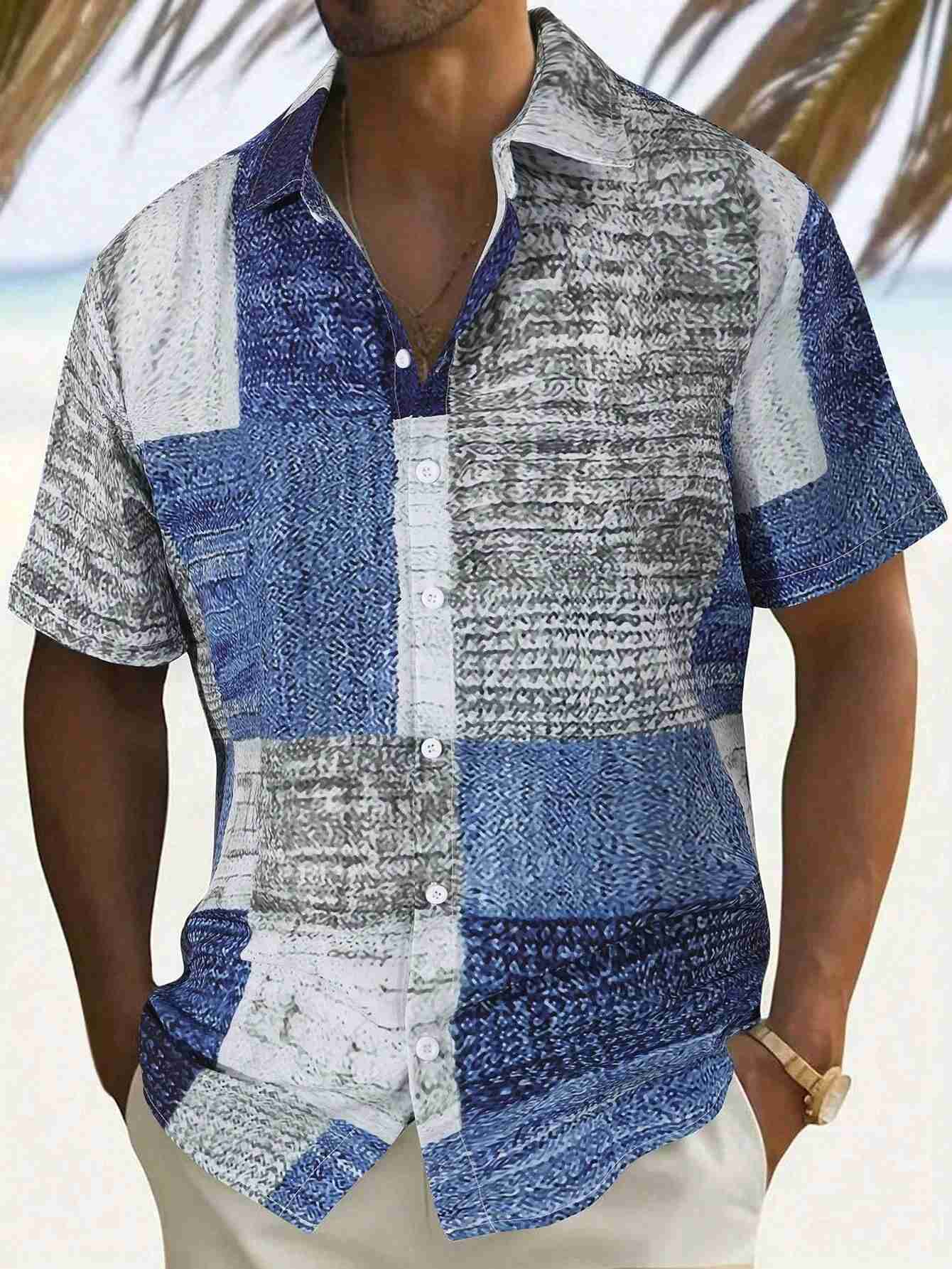 Mens Casual Button-Up Lapel Collar Short Sleeve Shirt With Contrast Color Design Versatile For Summer Vacation And Casual WearXJ240812