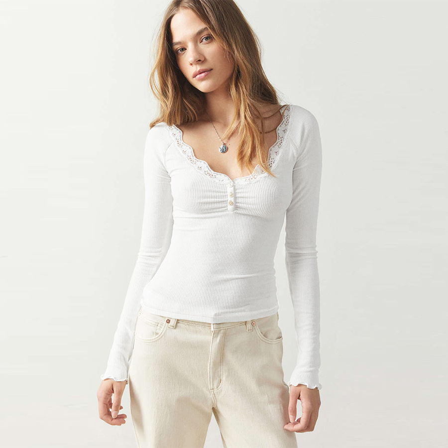 Hot selling women's round neck lace long sleeved solid color T-shirt slim fit button thread versatile inner top for women dongdumaoyi