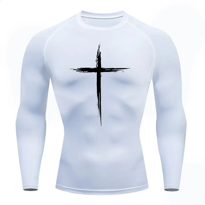 2024 Mens Quick Dry Cross Print Sportswear Running Compression Shirt Athletic Muscle Gym Undershirt Sport Tops S3XL 240810