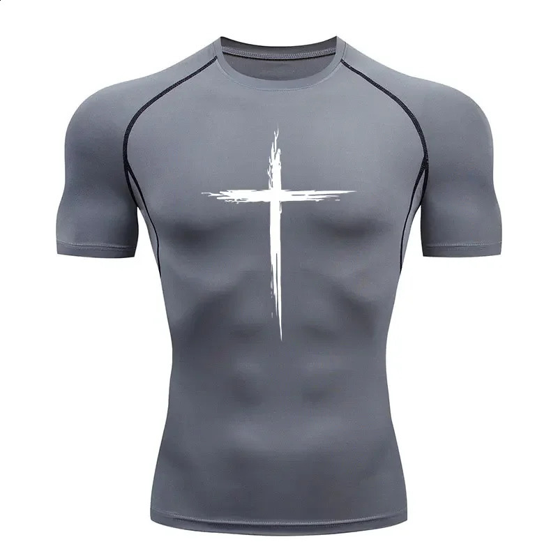 2024 Mens Quick Dry Cross Print Sportswear Running Compression Shirt Athletic Muscle Gym Undershirt Sport Tops S3XL 240810