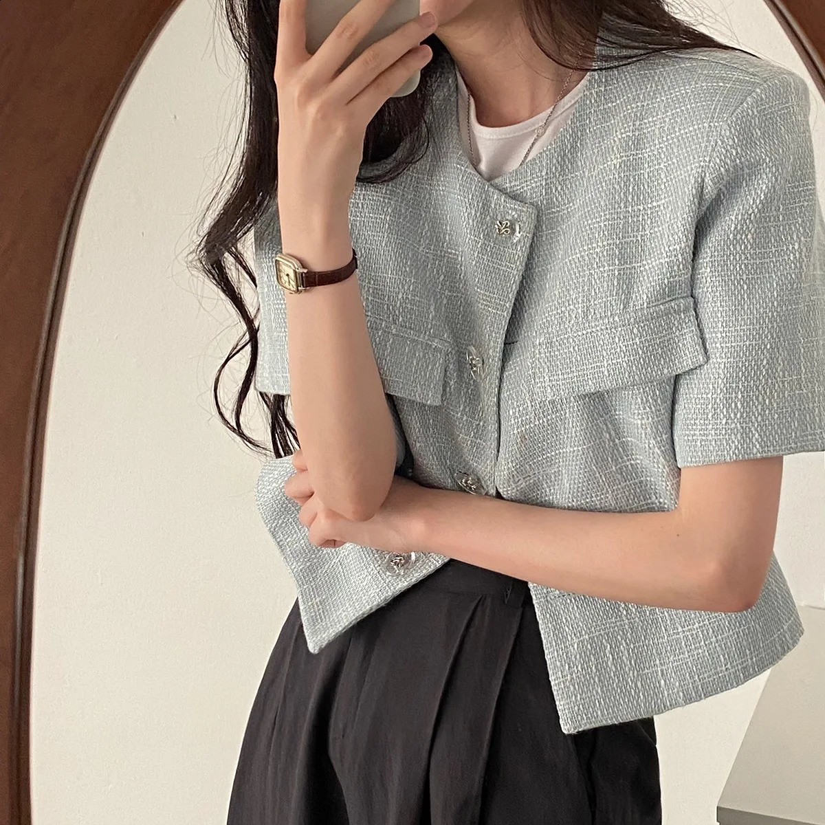 Womens high elegant Tweed Guardian Short Coat Pocket Single Breasted Jacket Short-sleeved Loise Outwear summer 240812