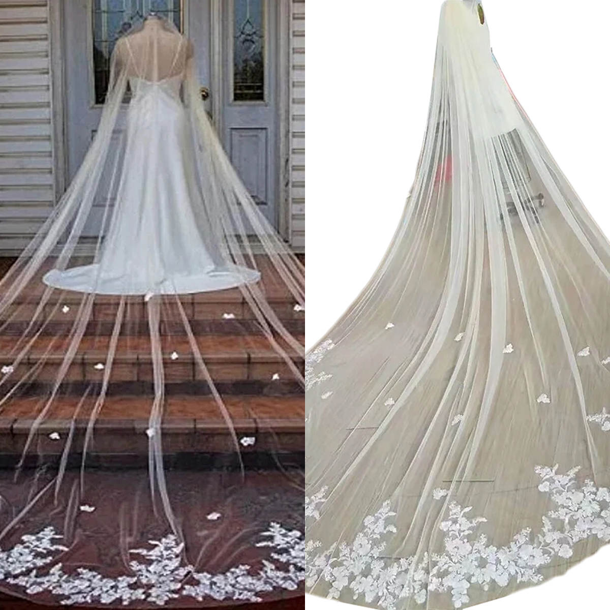 Simple Wedding Veil One Layer Long Flowers Cathedral Length Veils Appliques Edge Velo De Cabeza With Comb Custom Made Bridal Accessories