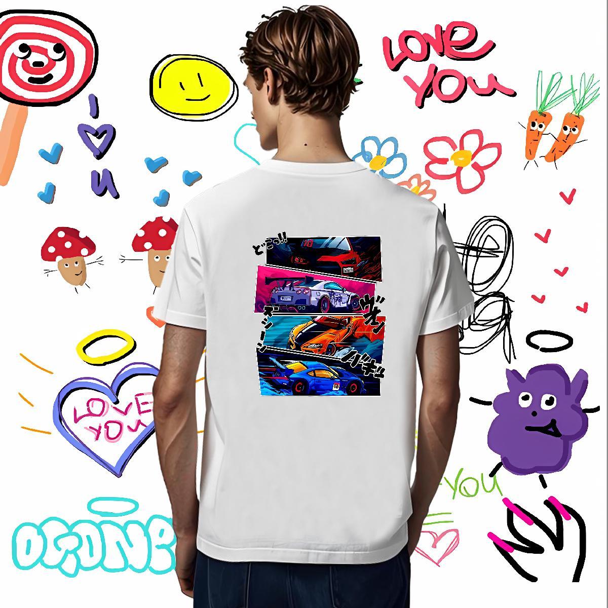 Unisex car T-Shirts for Men Anime Printing Street Tshirts 230g 100% Cotton Fashion Short Sleeve Soft Black White Top Tees