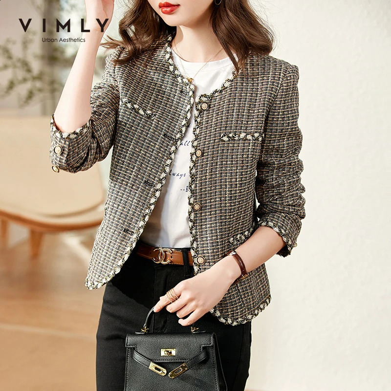 Vimly Short Tweed Jackets for Women Autumn Winter Korean Fashion Long Sleeve Elegant Jacket Coat Outerwear Clothes V0813 240812