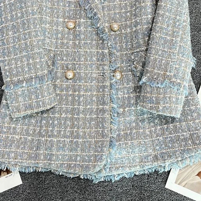 OCEANLOVE Double Breasted Blazer Women Spring Autumn Plaid Tweed Jackets Korean Fashion Vintage Elegant Blazer Mujer Outear 240812