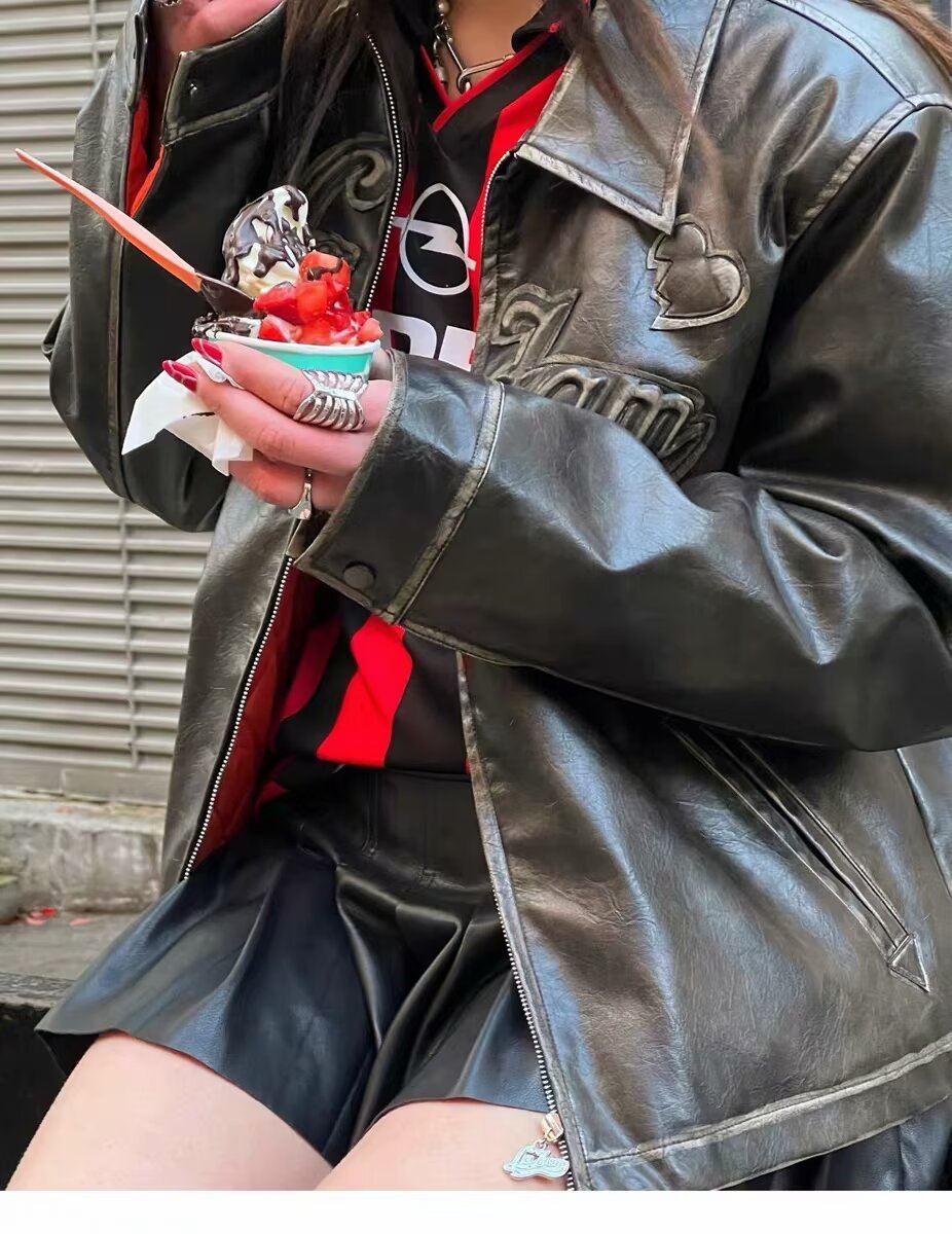 Letter Printed Lapel Leather Jacket For Women Elegant Zipper Long Sleeve Loose Coat Lady Motorcycle High Street Outerwear