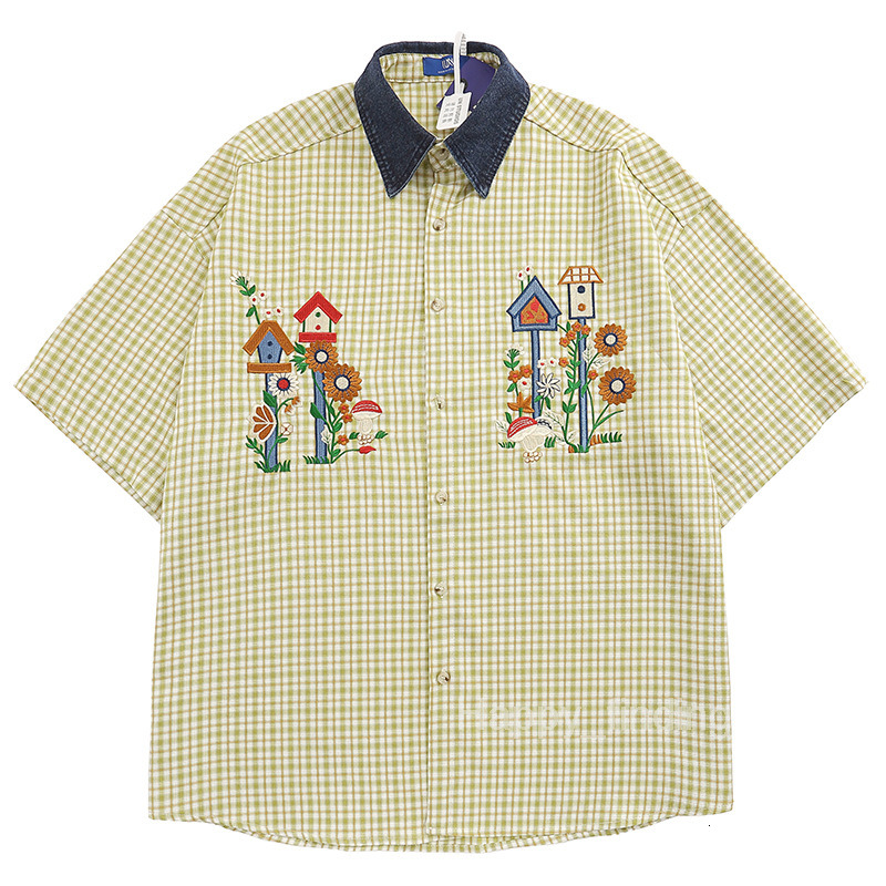 Mens China-chic Embroidery Plaid Short Sleeve Shirts Mens and Womens Tops Summer Design Small Coat