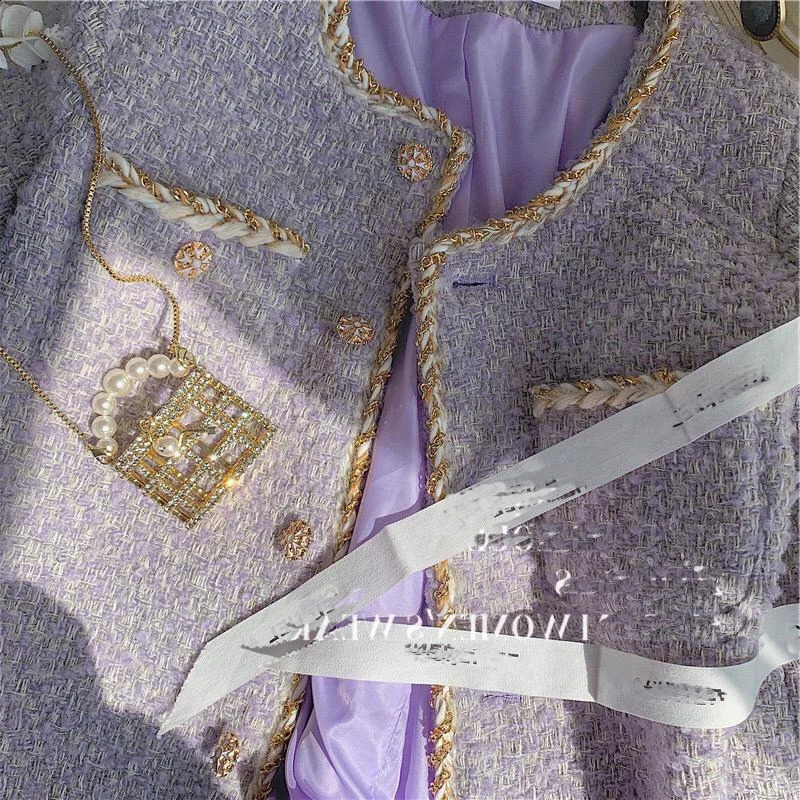 Small Fragrant Lavender Purple Tweed Short Coat Womens Autumn and Winter High Sense Coats Jacket Female Lady Cloth 240812