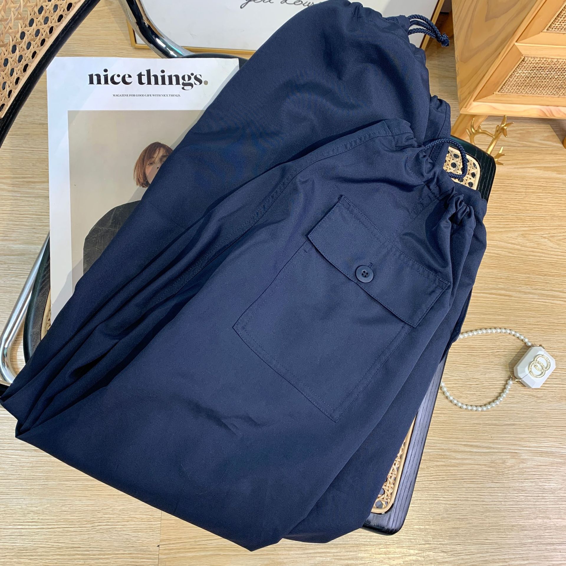 Clash navy blue vintage super loose paper bag pants temperament Hepburn style niche wide leg pants women