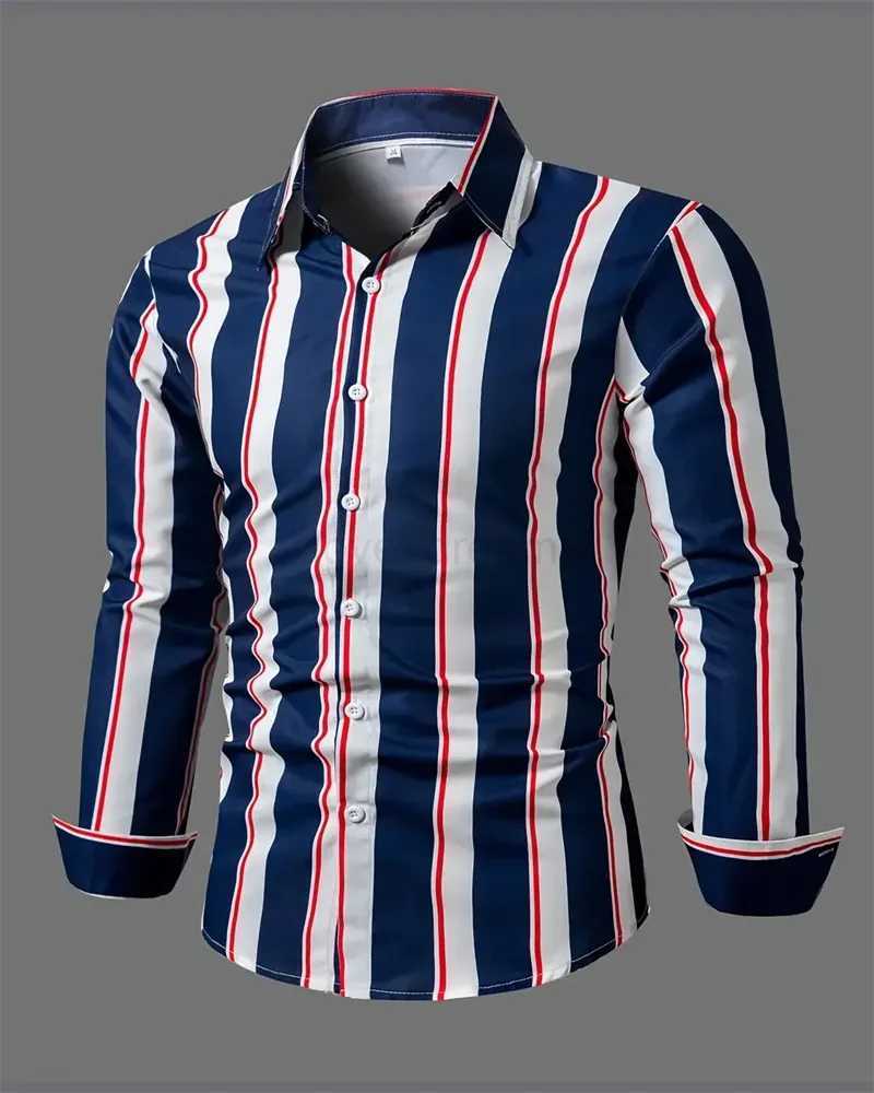 Mens Fashion Loose Striped Pattern Shirt Casual Breathable Lapel Button Long Sleeve Shirt Top Comfortable Soft Fabric XS-6XLXJ240812
