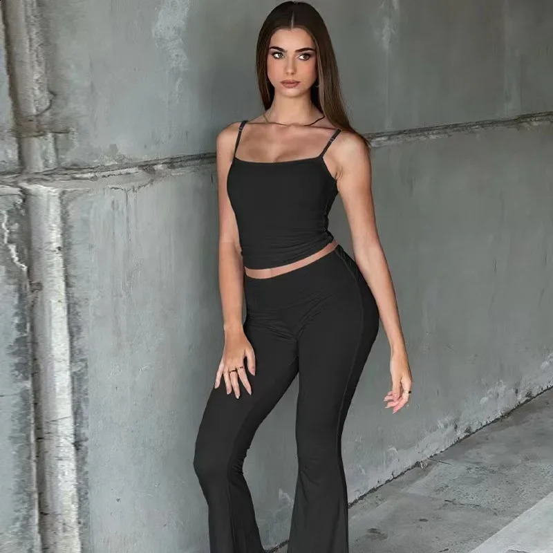 Matching Set Sleeveless Tank Top Spring Summer Elegant Womens Bell Bottom Solid Club Co Ords Pants 240809