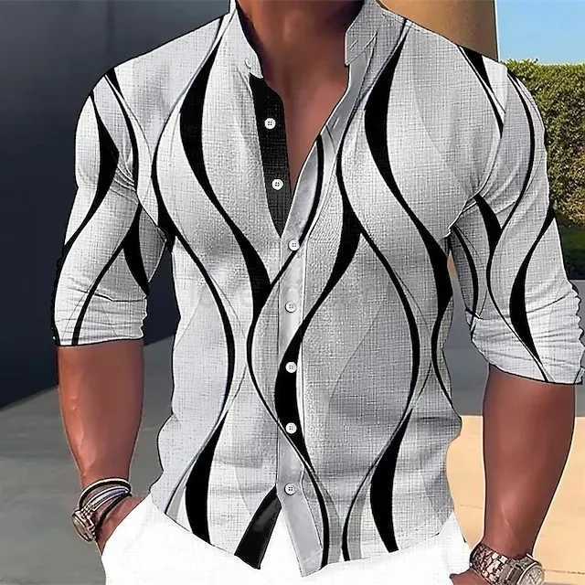Summer new plus-size mens casual slim fashion 3D printed long-sleeved shirt mens shirtXJ240812