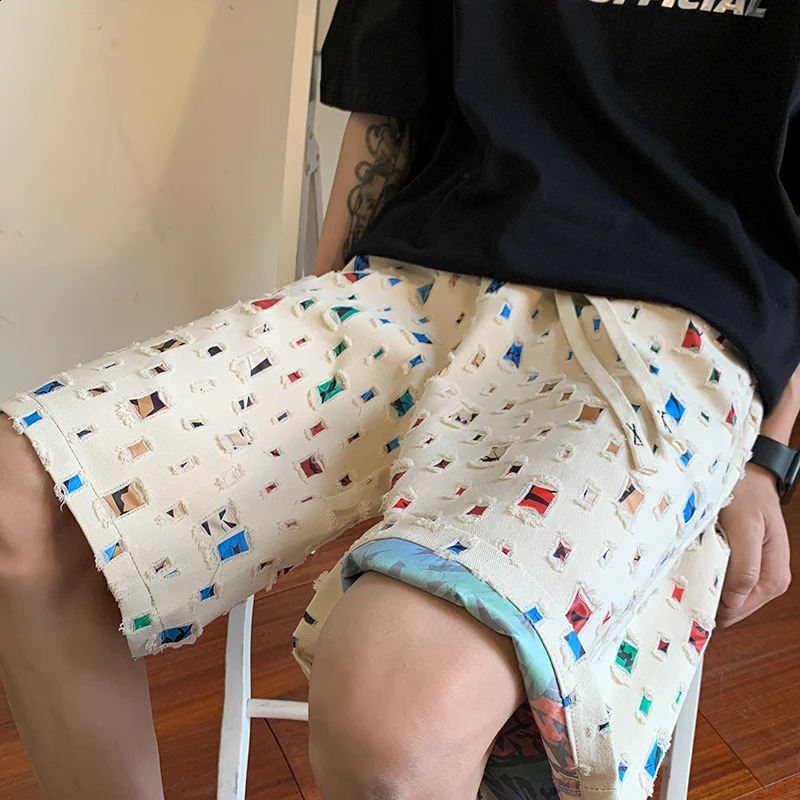 Summer Cotton Shorts Men Colorful Plaid Shorts Men Streetwear Hip-hop Loose Hollow Out Shorts Mens Beach Shorts Large Size 5XL 240812