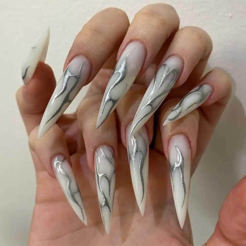 24 pieces of long thin high-heeled French fake nails mechanical silver black vine fake nails full cover press DIY detachable nails W240810