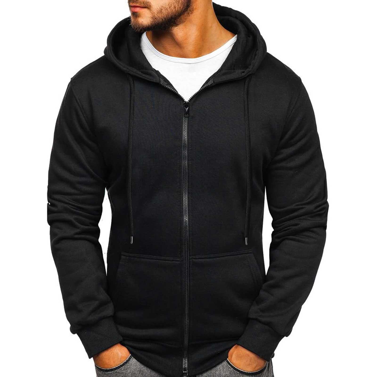 Mens Solid Color Hoodies Zip Up Hooded Tops Sweatshirts Outdoor Sports Tracksuits Drawstring Pockets Cardigan Coat TracksuitsXJ240812