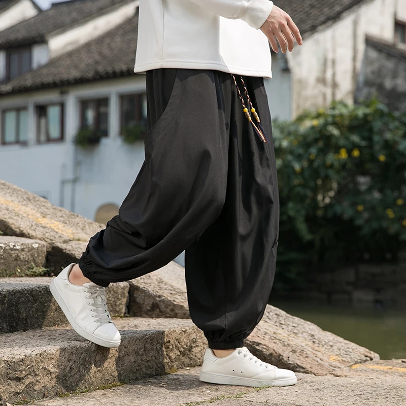 Pants Men Harajuku Casual Jogging Pants Mens Black Thin Fashion Loose Harlem Wide Leg Trousers Vintage Sweatpants Plus Size 5XL 240812