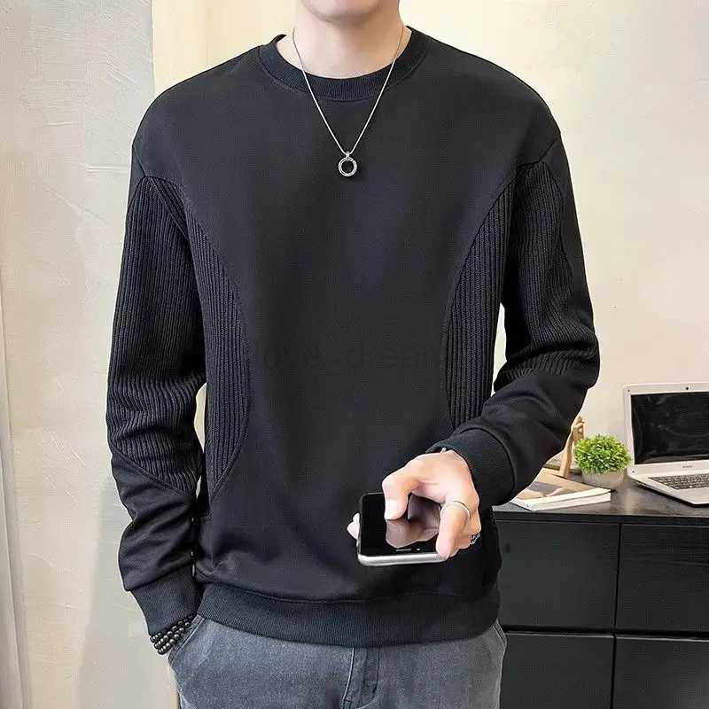Trendy Korean Spring Autumn Mens 2024 New Spliced Pullover O-Neck Screw Thread Solid Color Loose Casual Long Sleeve SweatshirtsXJ240812