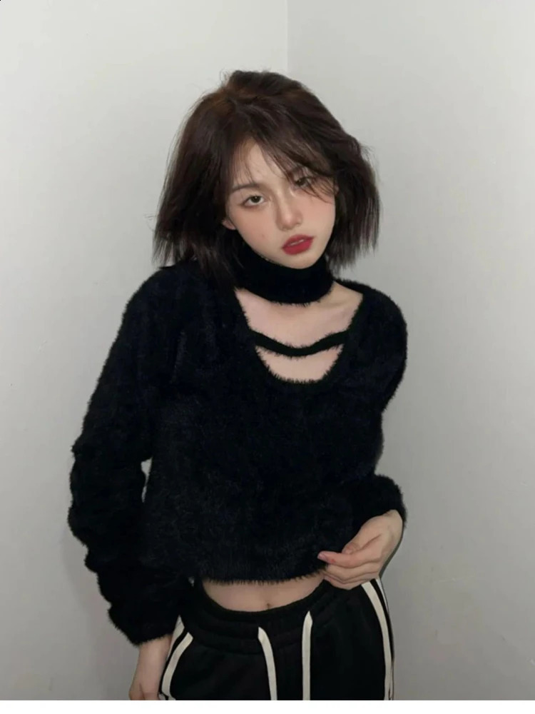 HOUZHOU Black Sexy Sweater Women High Street Hollow Out Cropp Tops Slim Chic Knitted Pullover Korean Fashion Long Sleeve Sweater 240812