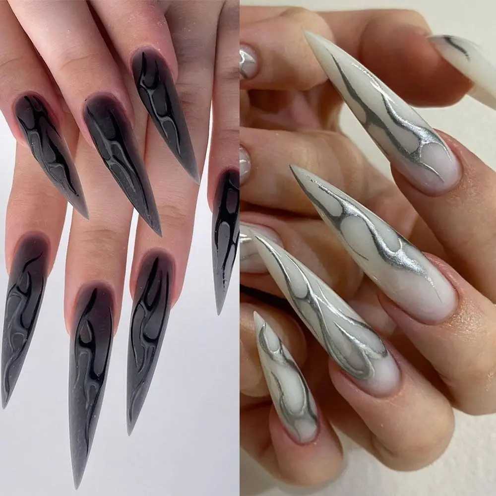 24 pieces of long thin high-heeled French fake nails mechanical silver black vine fake nails full cover press DIY detachable nails W240810